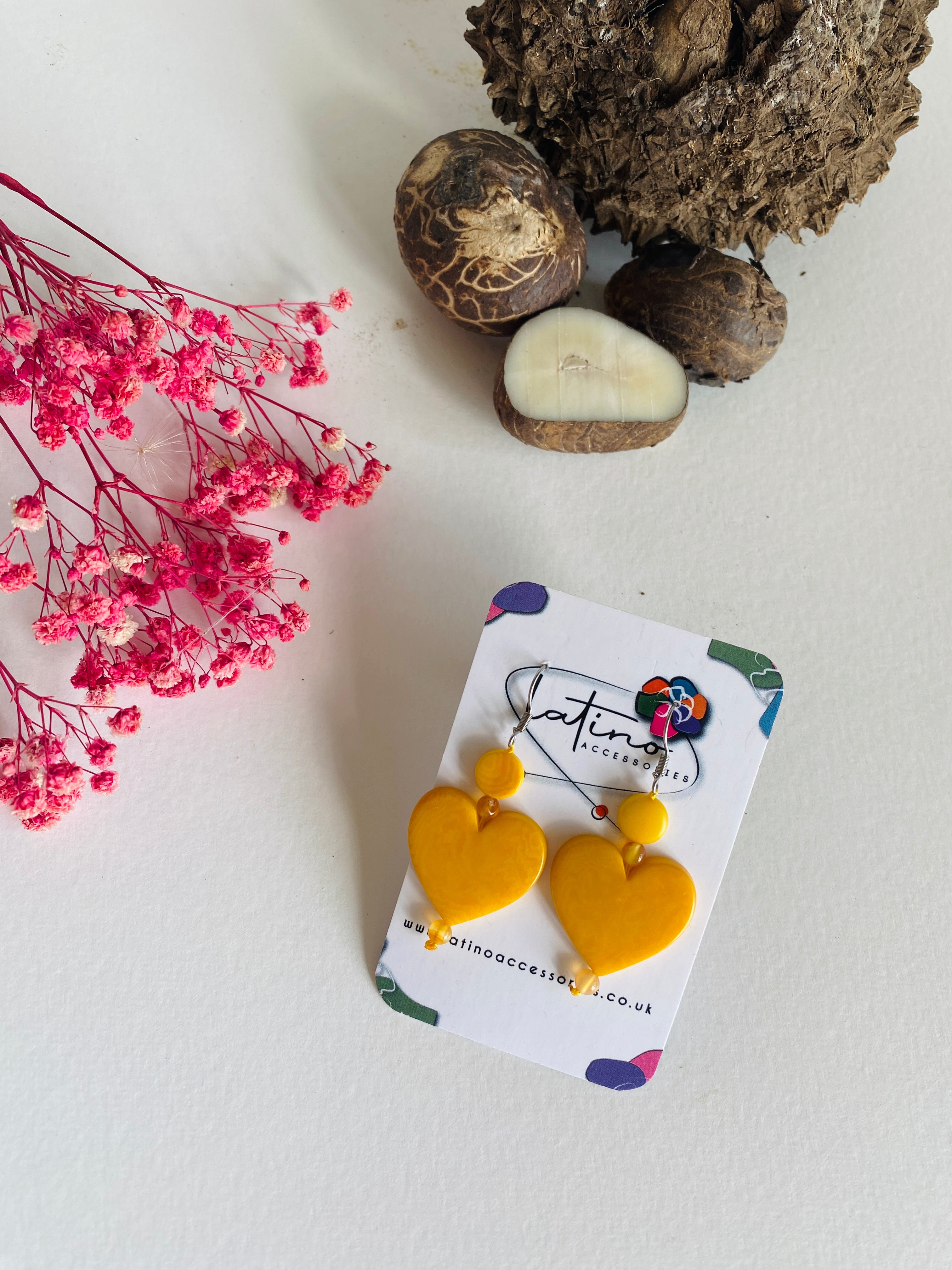 Yellow Tagua Hearts Earrings